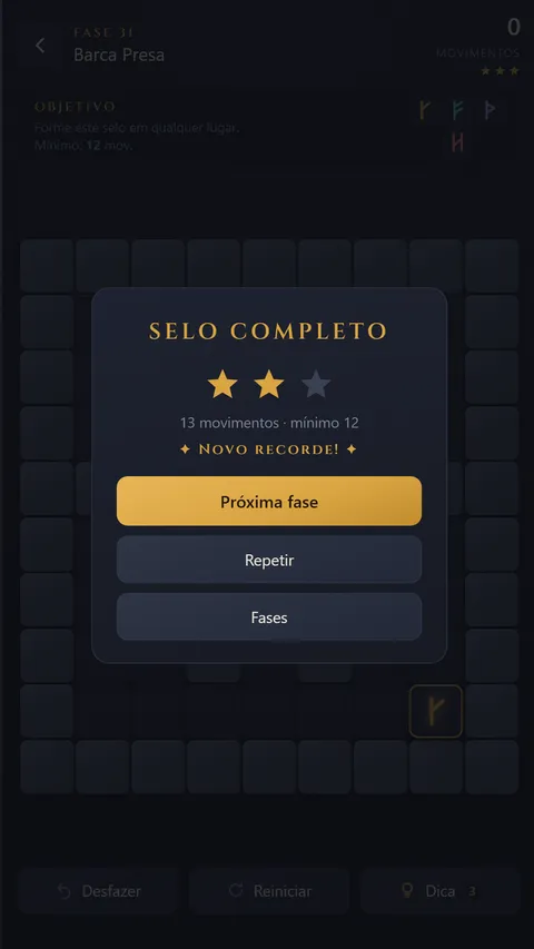 Painel de vitória: selo completo e estrelas conquistadas